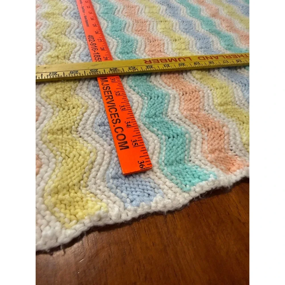 Handmade Pastel Chevron Knit Baby Blanket Blue‎ Yellow 37 x 37 Afghan VTG ZigZag